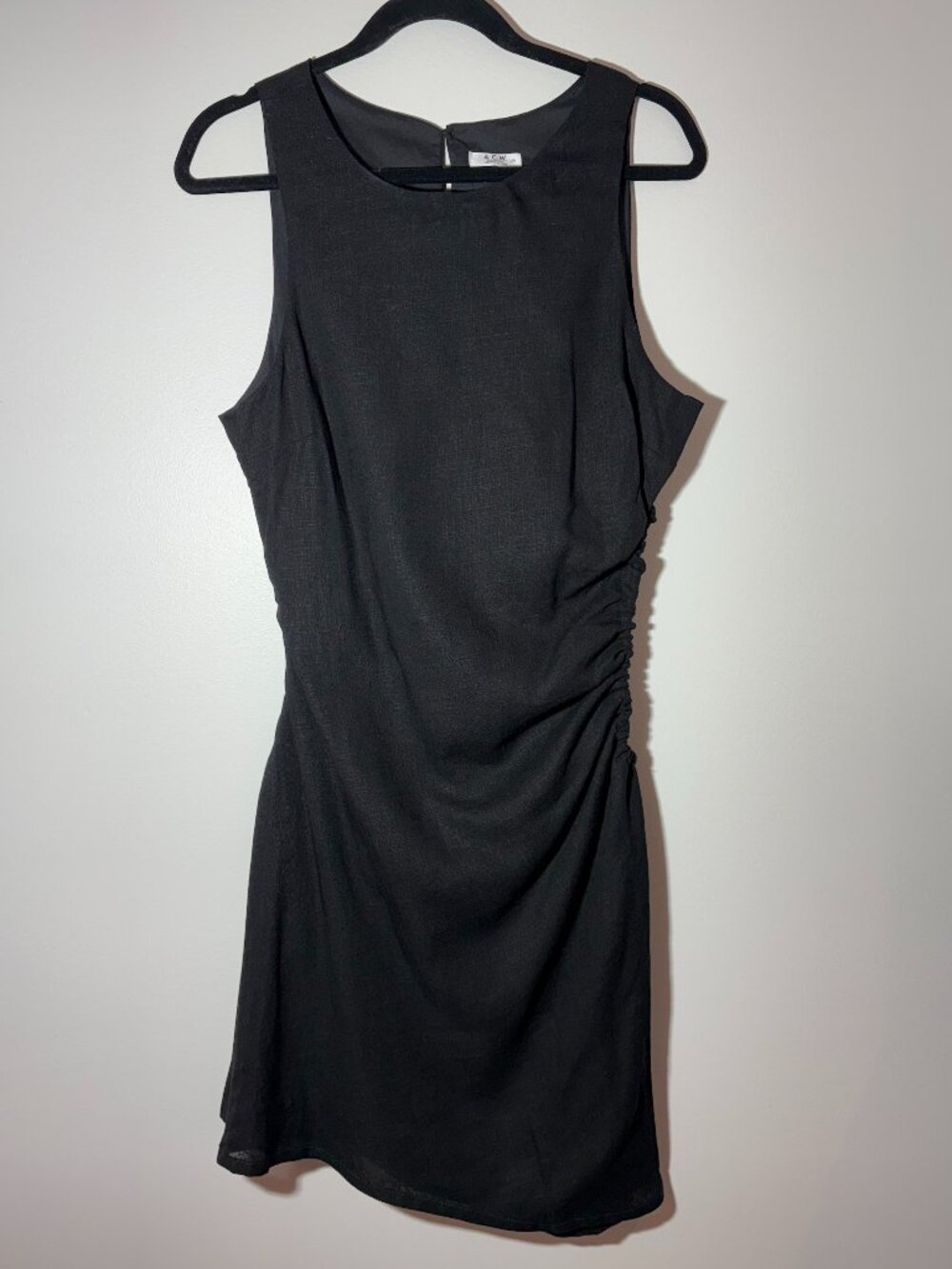 ACW Linen Blend Mini Dress Black Ruched Side Cut Out Sleeveless Size Large